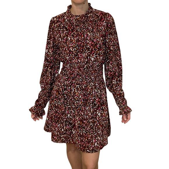 THML Dresses & Skirts - THML Burgundy Abstract‎ Confetti Smocked Waist Ruffle Neck Mini Dress Size S